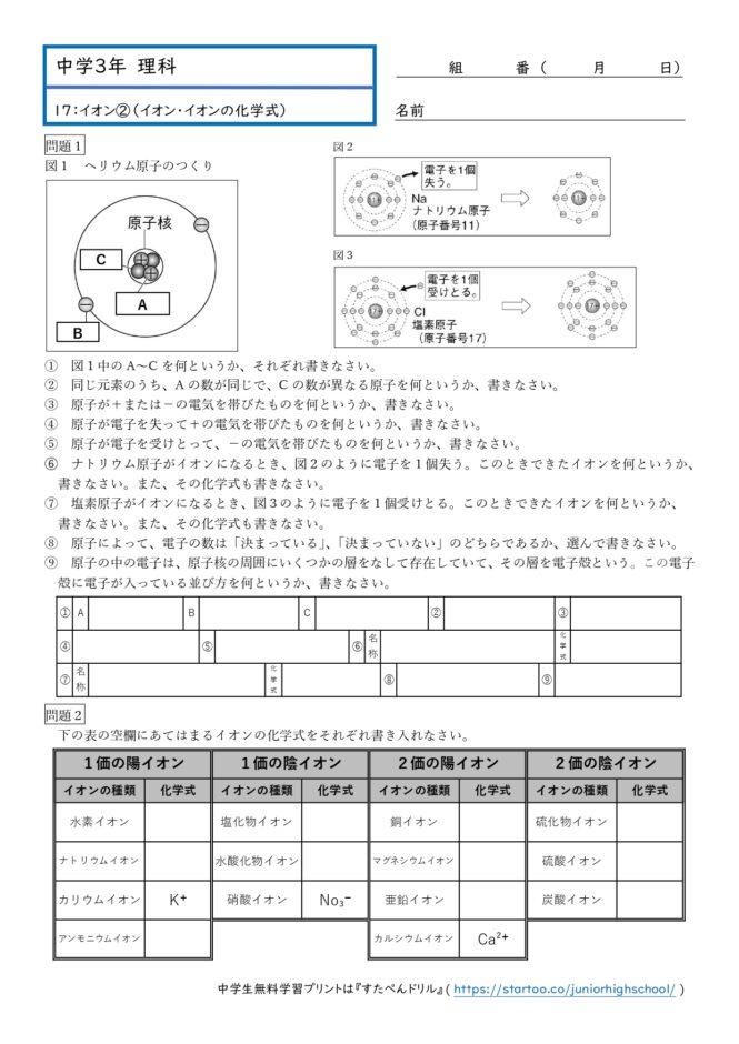 中3理科「化学変化とイオン（イオン・イオンの化学式）」学習プリント無料ダウンロード・印刷